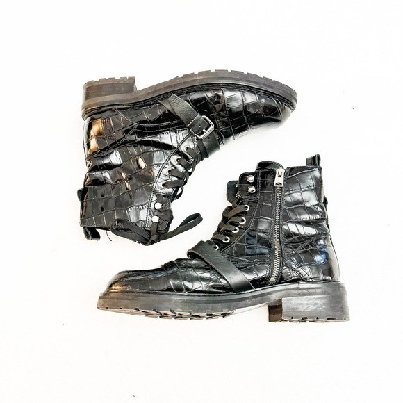 All Saints Donita Combat Boot Black Leather Croc Embossed Size 40 - Picture 7 of 7